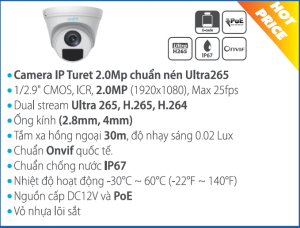 Camera IP Turet 2.0Mp chuẩn nén Ultra265 Uniarch IPC-T122-PF28 - Hình ảnh 4